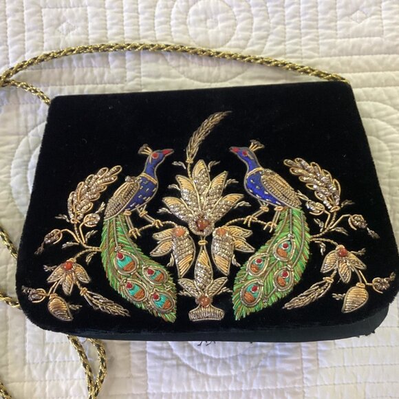 Vintage Zardozi Black Velvet Bag Clutch Gold Embroidery Double Peacock Design In - Picture 15 of 16
